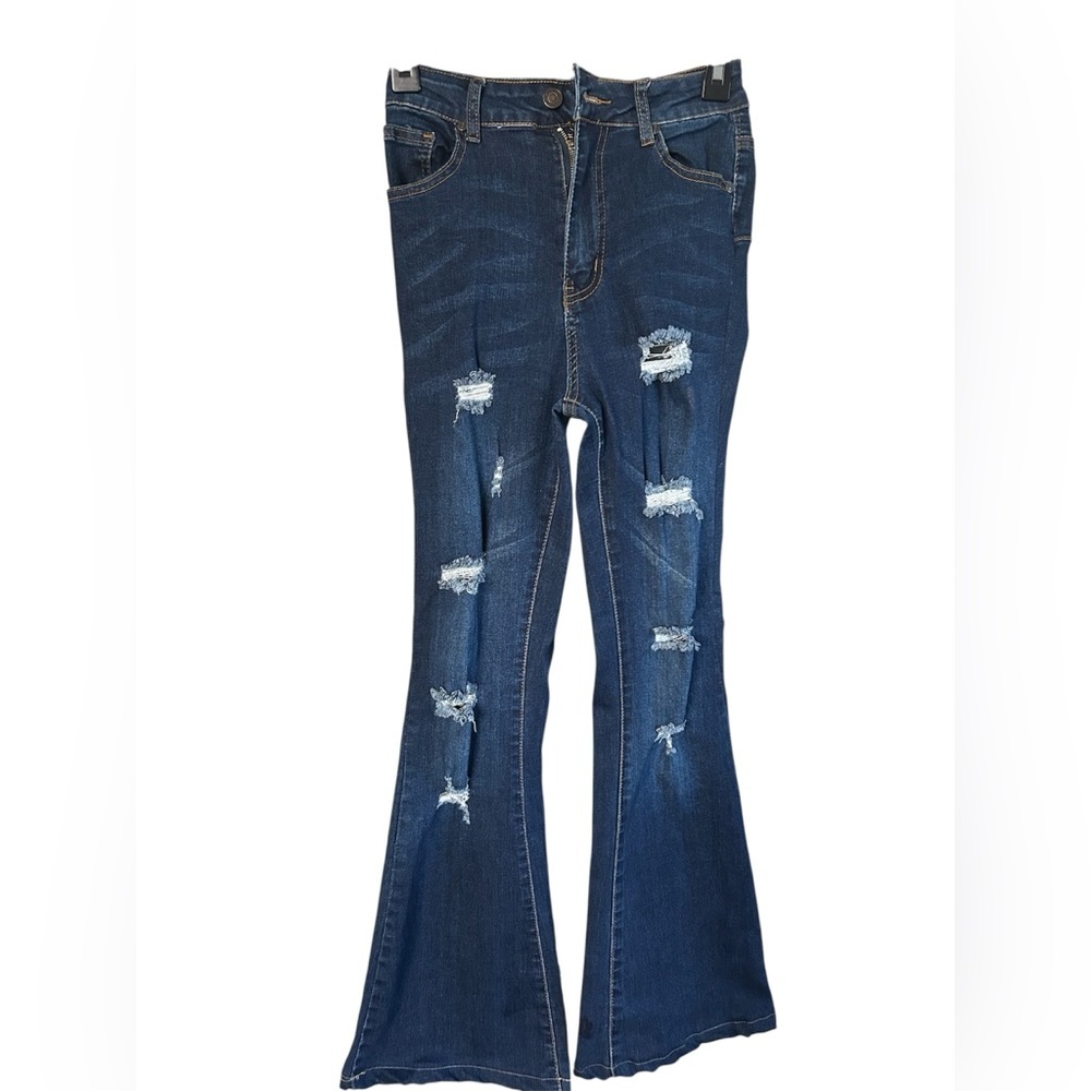 Sweet Look Dark Wash Distressed Flare Jeans Y2K Stretch Bell Bottom Denim Size 5